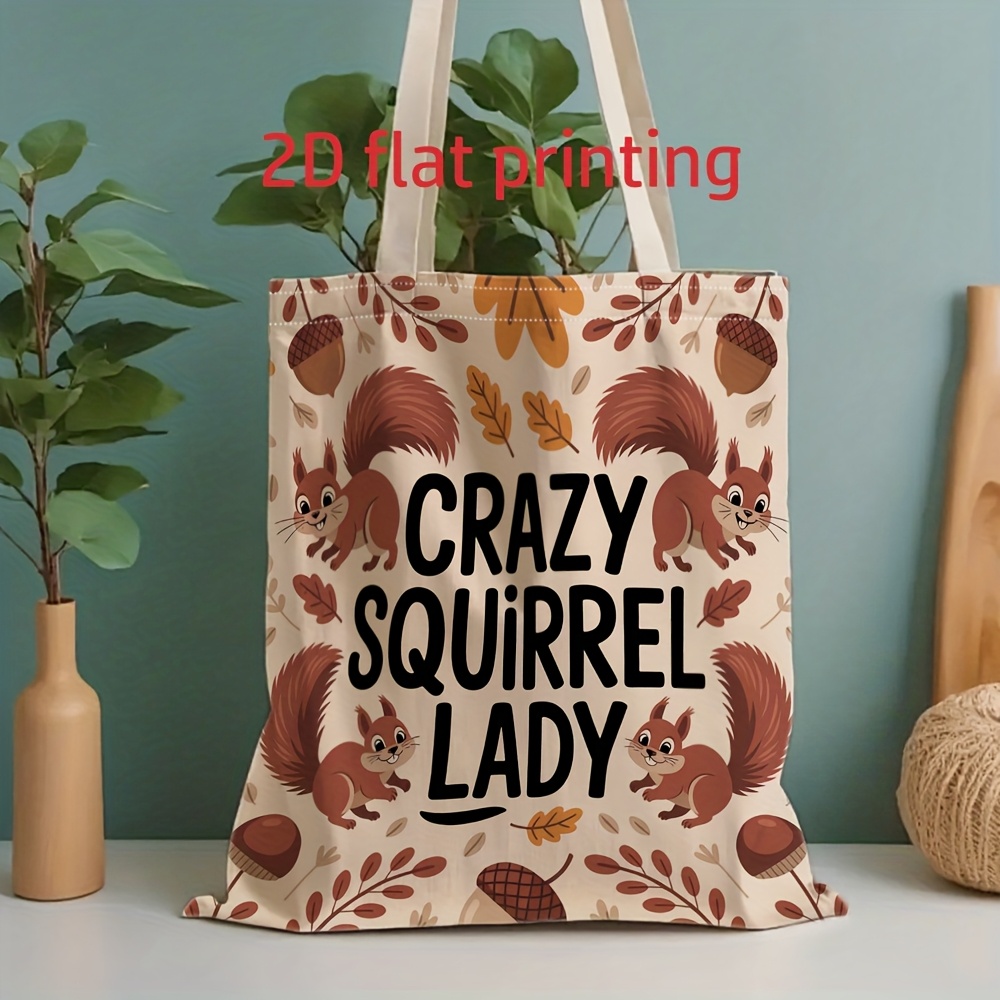 TEMU 1pc Double-sided Printing Men's Tote Bag - Same For Men And Women 2d Flat Print "crazy Squirrel Lady" Squirrel Pattern, Large Capacity Shoulder
