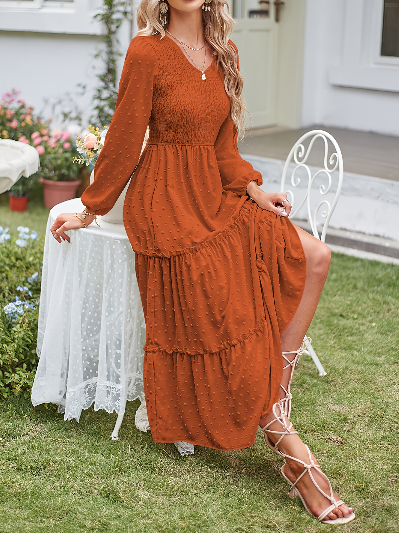 womens boho maxi dress long sleeve smocked waist