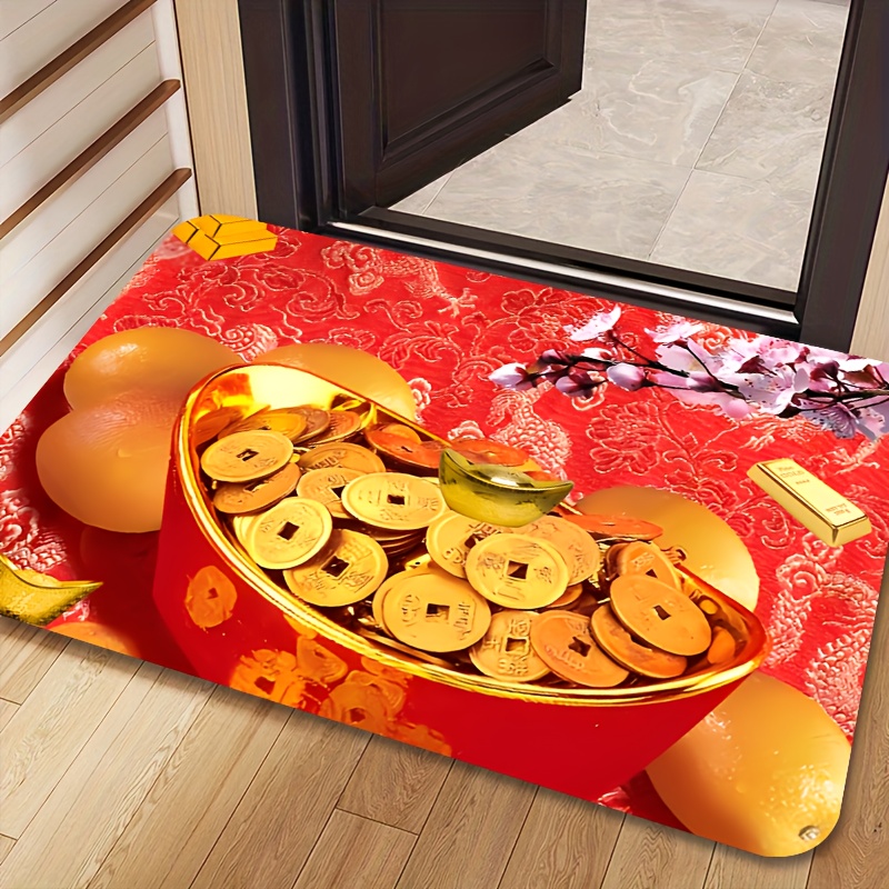 

Golden Chinese Coin Design Doormat, Non-slip, Machine Washable, Stain Resistant, Water-resistant, Polyester With Polypropylene Backing, For Living Room, Bedroom, Office, Kitchen Entrance Decor