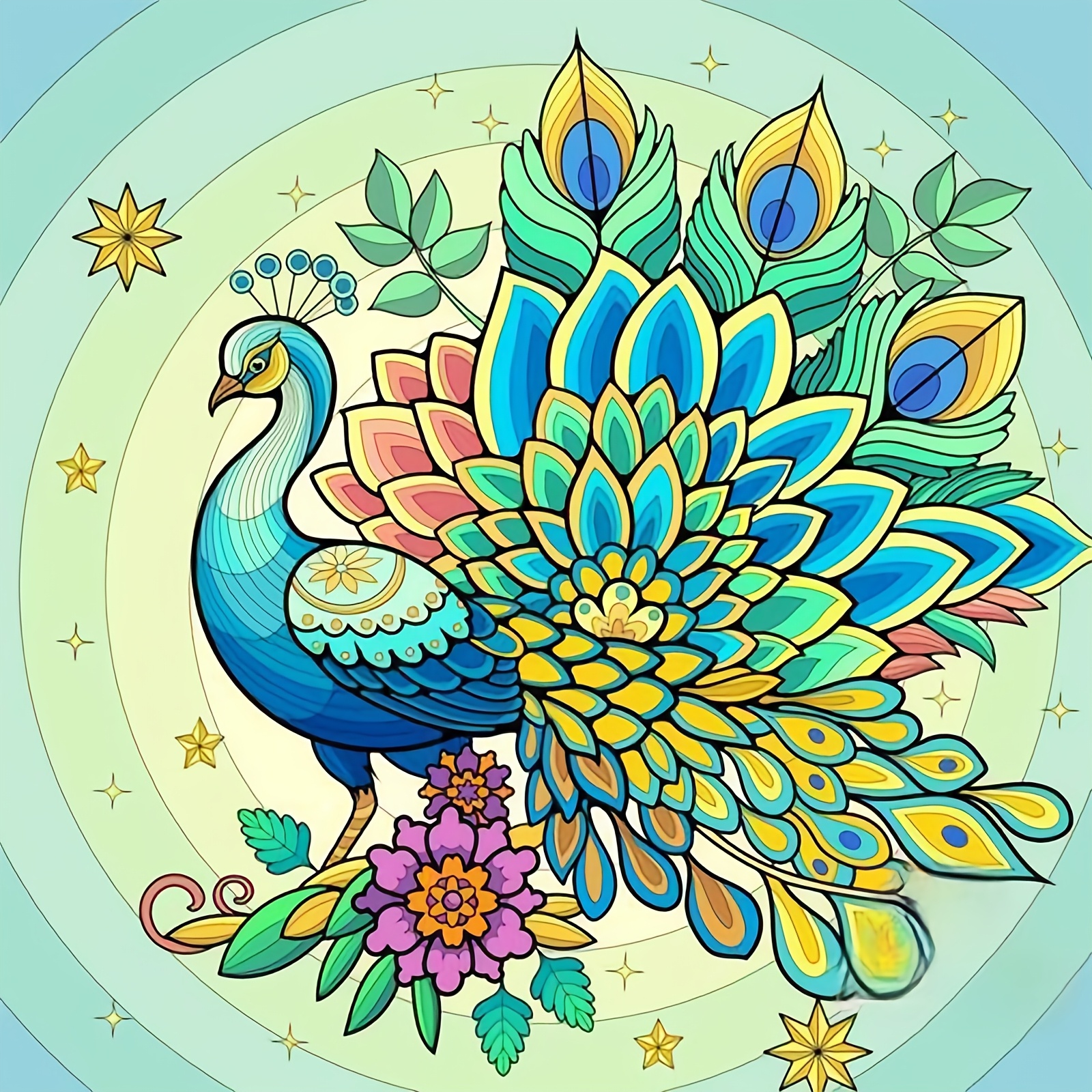Cross-Stitch Printing Kit, 'Colorful Feather Peacock Illustration' Design