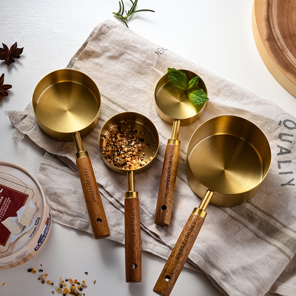 

4pcs Gold Measuring Cups And Spoons, Wood Handle With Metric And Us Measurements, Premium Stainless Steel, Golden Polished Finish, Dry & Liquid Measuring Cup For Cooking And Baking