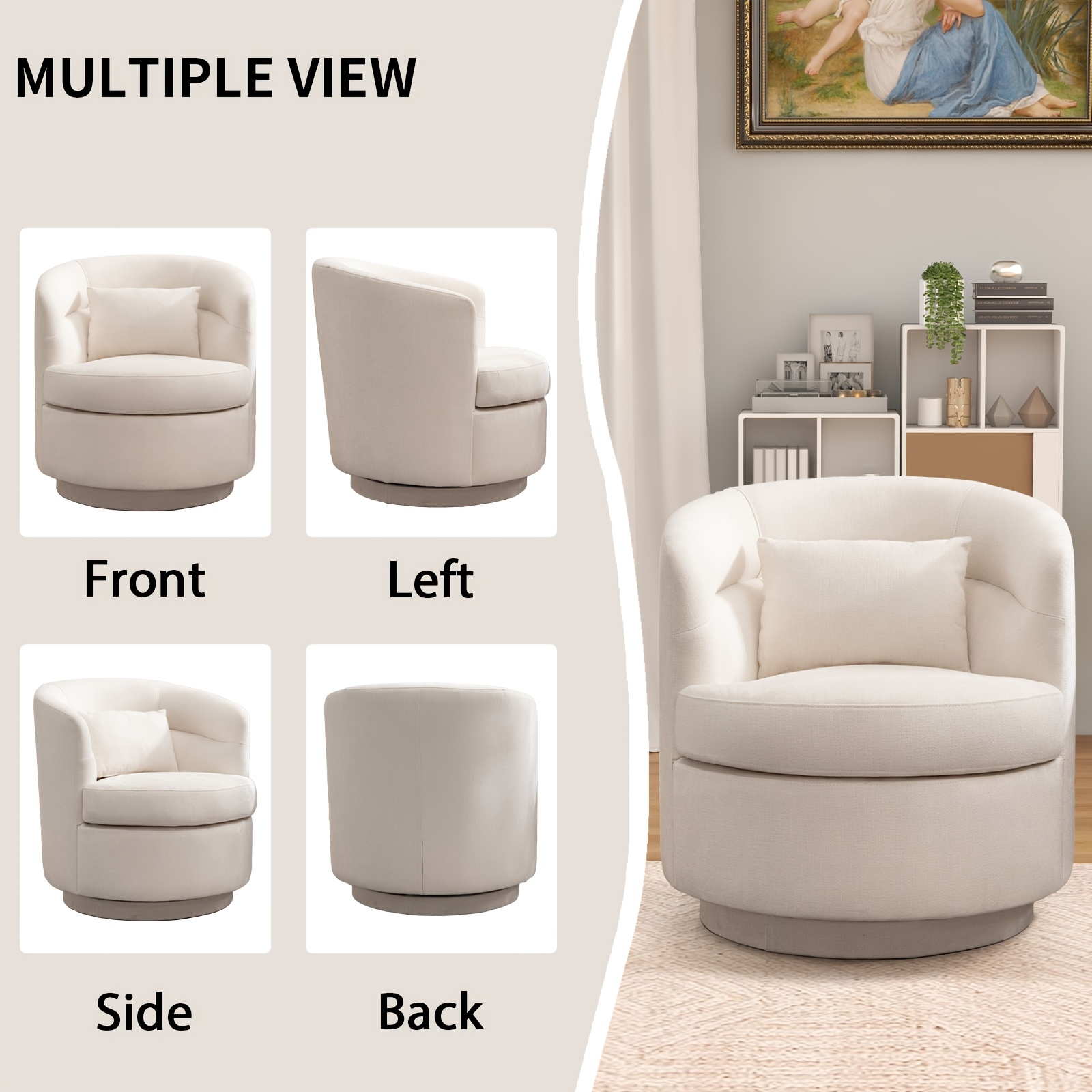 Beige Upholstered Swivel Chair with a Pillow, Perfect for Accenting Your Living Room, Bedroom, Or Reading Area