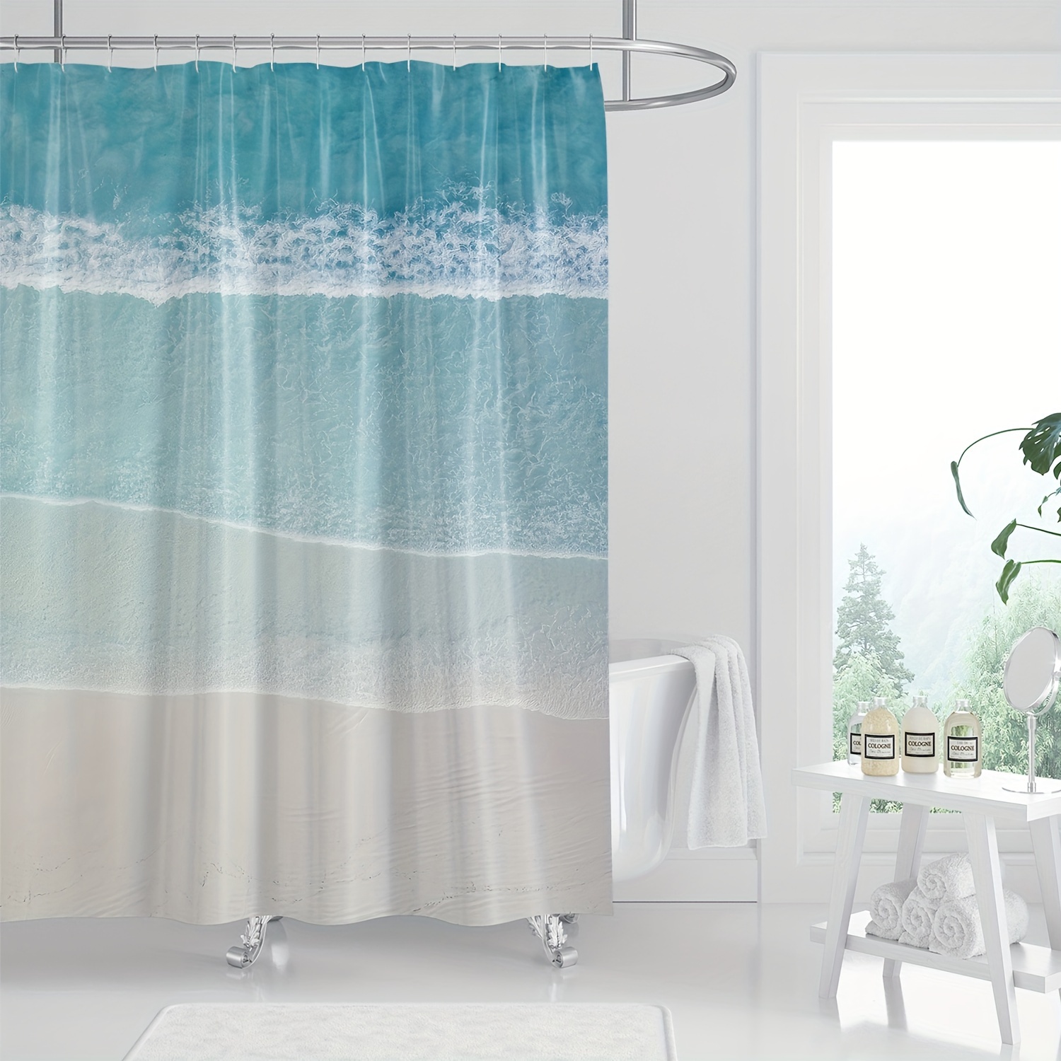 

1pc Ocean Beach Waves Digital Print Shower Curtain, Coastal Serenity Bathroom Decor With Sand & Sea Design