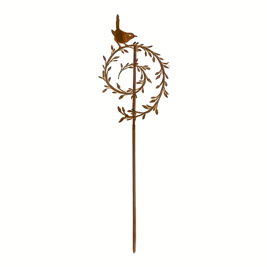 Image of 1pc Rustic Metal Bird Wreath Garden Stake - Retro Cicada Design With Scroll, For Outdoor Decoration In Courtyards, Gardens, Lawns, Etc., Bird Decoration