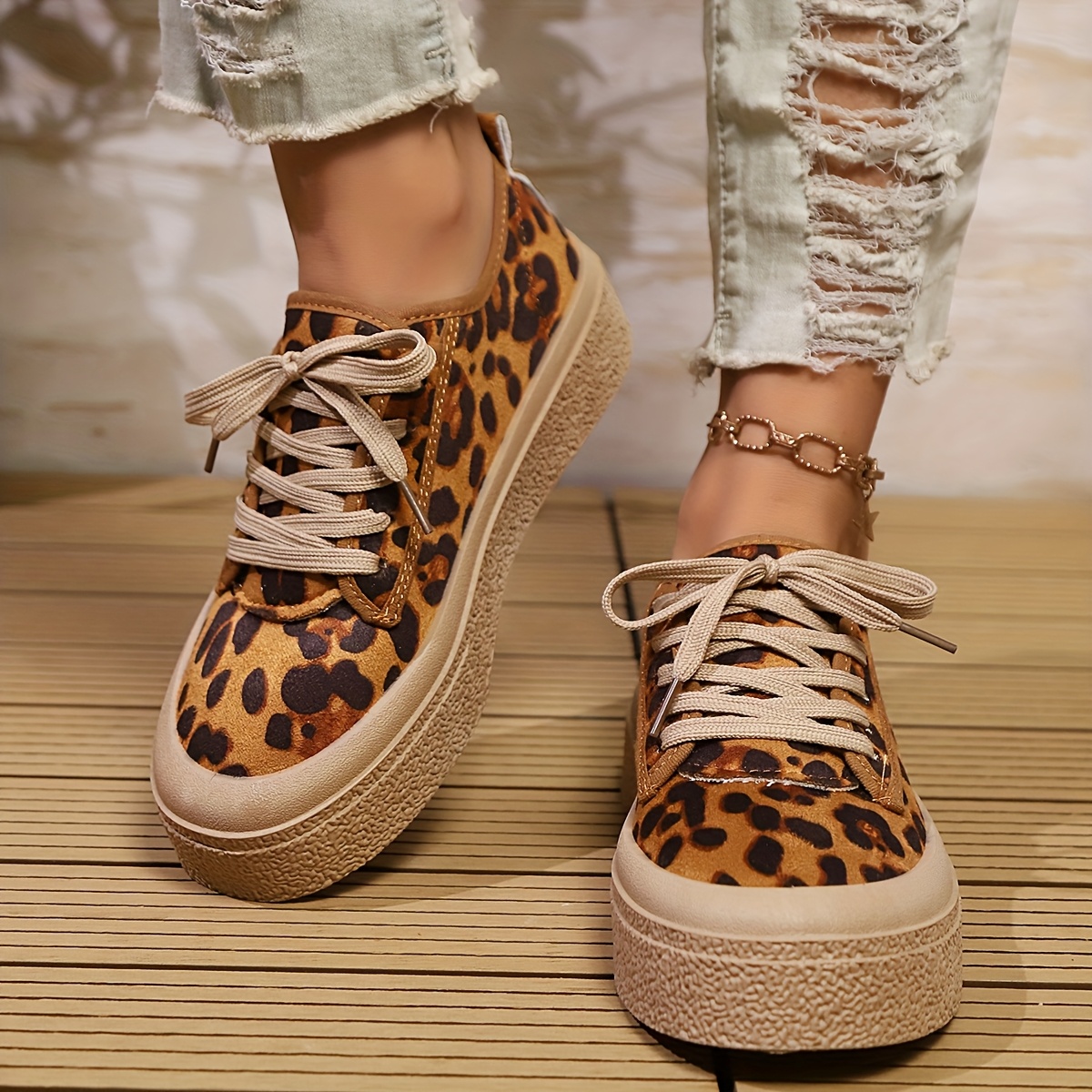 womens leopard print lace chunky sneakers low Temu Germany