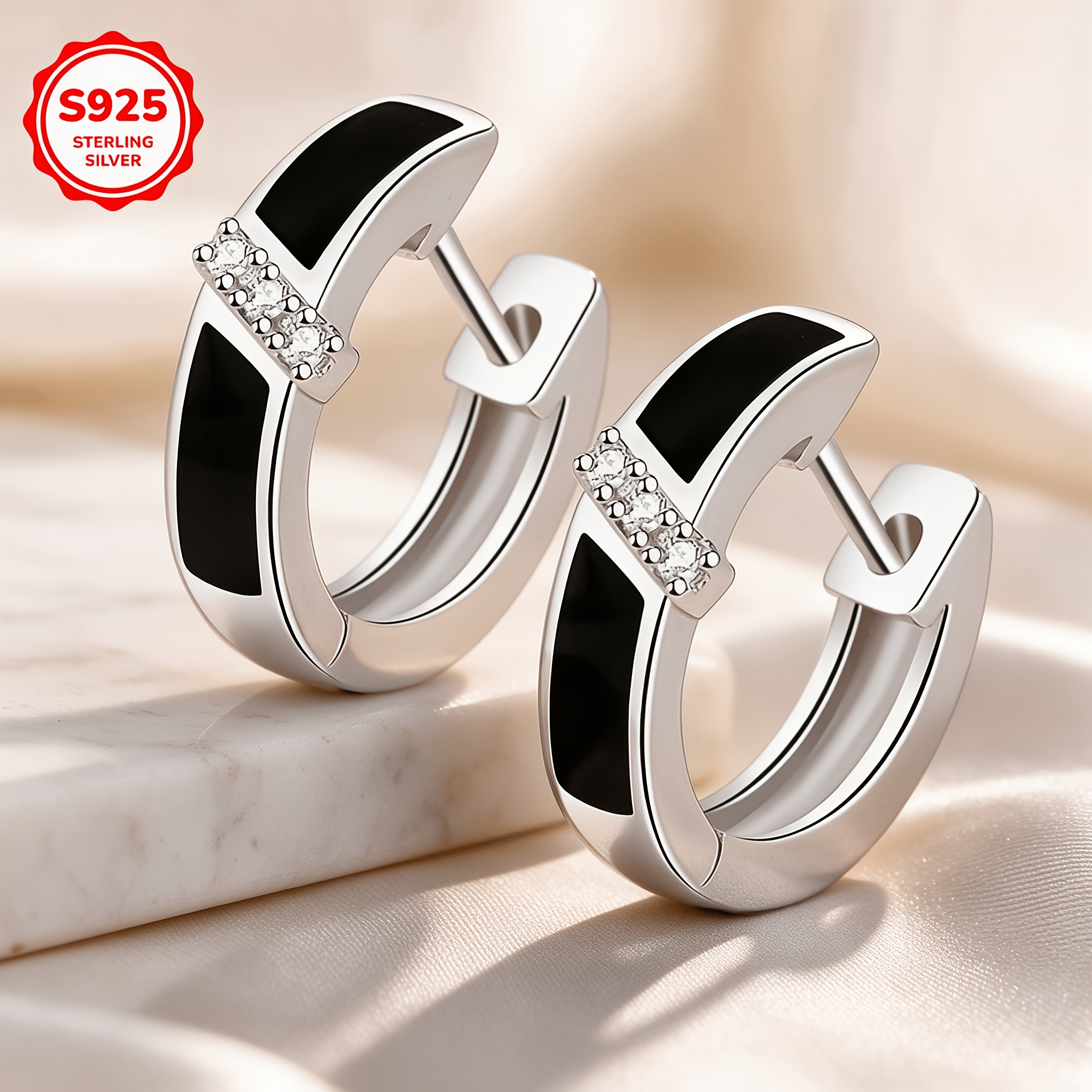 Women's Stylish Black Enamel Stud Earrings, 925 Silver