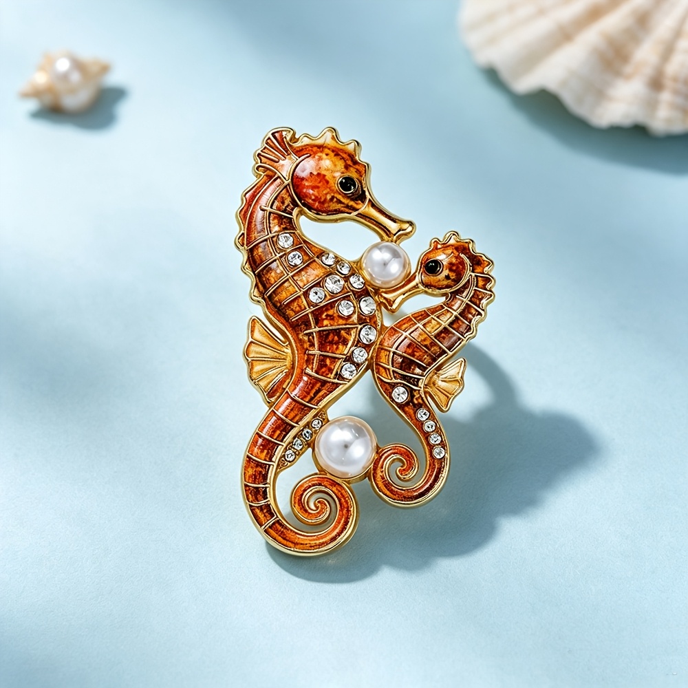 Rhinestone Seahorse Enamel Brooch, Embracing Design