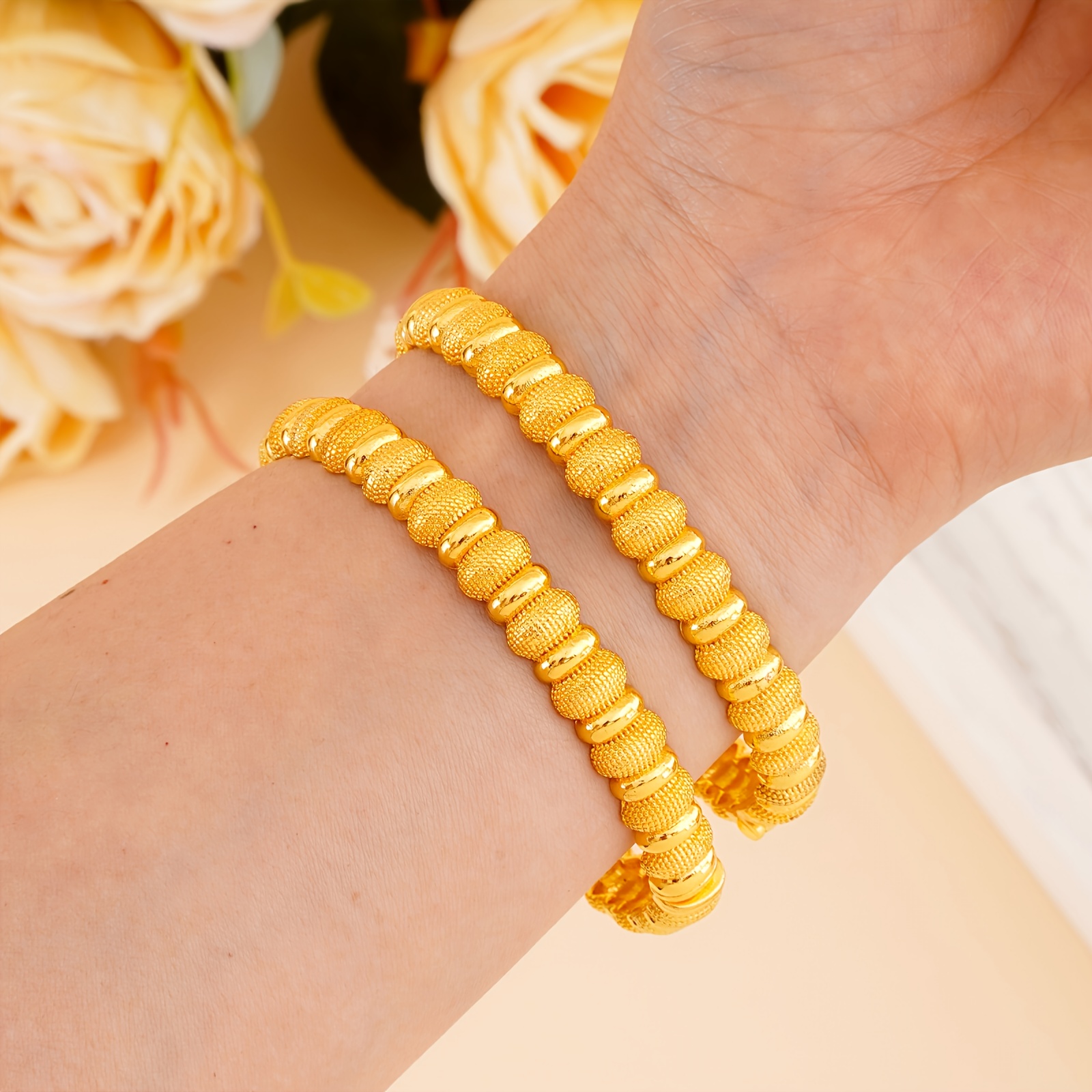 2pcs Golden Open Bangle Bracelets, Simple Elegant Design
