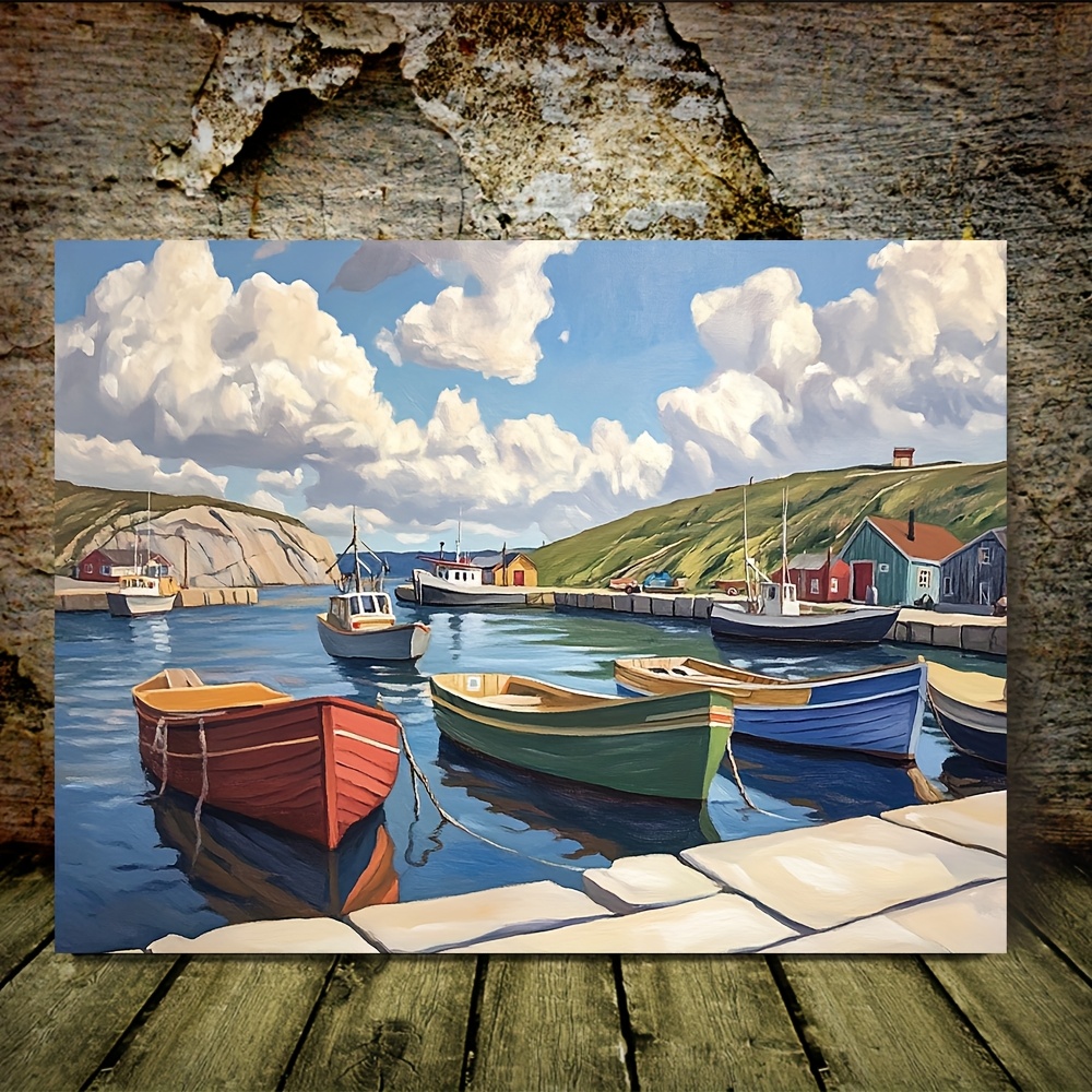 TEMU sur toile encadré 2D plat, 1 pièce, représentant une côte du Nouveau- avec des vives et des bateaux , mesurant 29,97 x 39,88 cm, encadré dans un