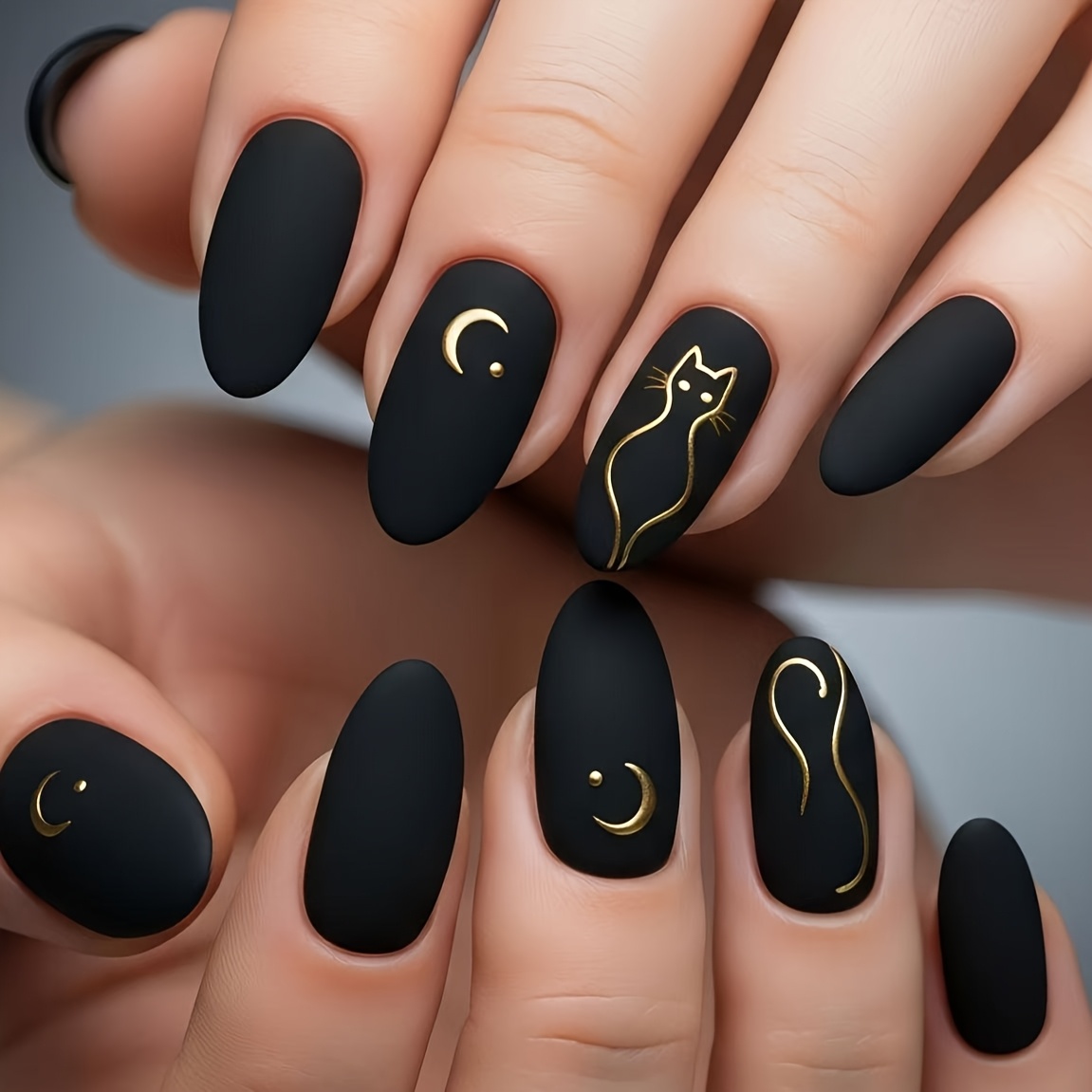 TEMU 24pcs Of Frosted Black High-end Wearable Nails, Cat, Moon And , Medium-long Almond-shaped Nails, Sweet And Cool Spicy Style, Suitable For Daily