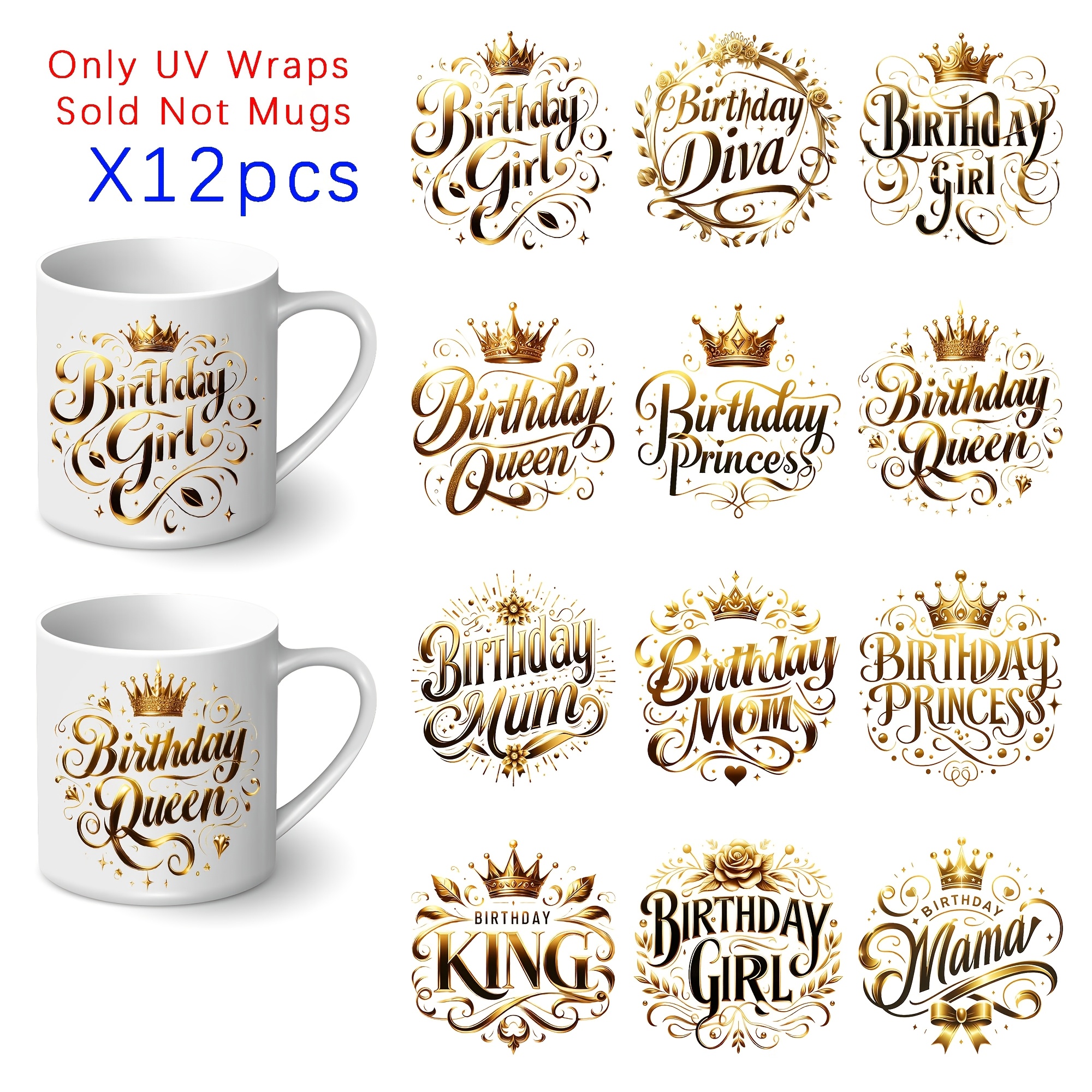 

12pcs Golden Birthday Theme Diy Uv Transfer Mug Transfer Paper - Waterproof, Self-adhesive Decals For Mugs, Cups, Bottles, Laptops - Matte , Pvc Material