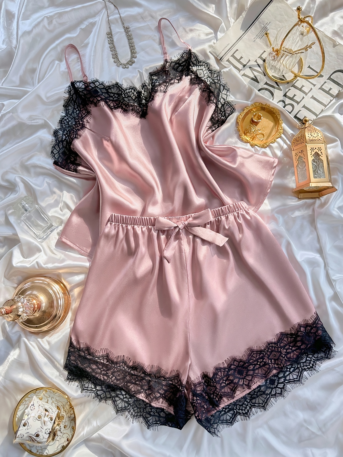 Mothers Day Easter Womens Pink Satin Strap Pajama Set Black