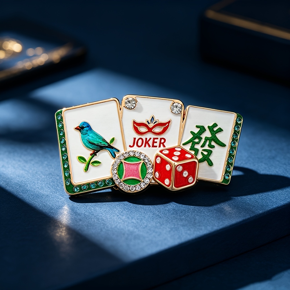 TEMU 1pc Colorful Glaze Mahjong "" Dice Brooch For Men And Women, Good Luck Wealth-attracting Style, Suit And Pin, New Year Card-playing Accessory,