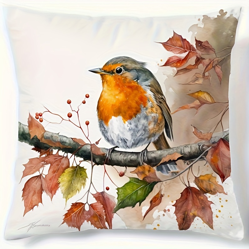 

1pc Contemporary Style Robin Bird Print Polyester Peach Skin Velvet Cushion Cover 18x18 Inches For Home Decor, Car, Festive Decorations - Pillow Insert Not Included