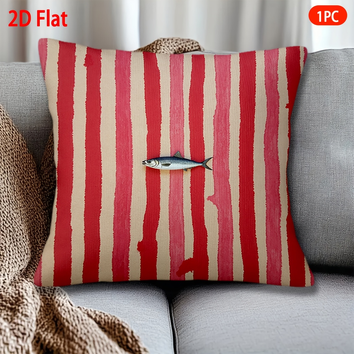 TEMU Fodere per cuscini 2D, 1 pz, con pesce su sfondo a righe rosse e bianche, corta in peluche a tema, adatta a utilizzi, ufficio, stile festivo,