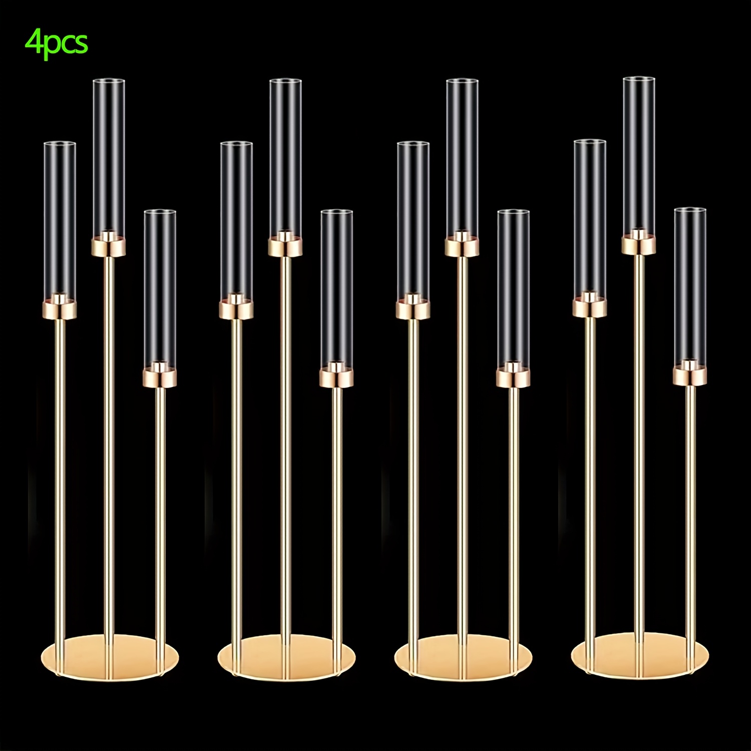 TEMU Set Of 4 Three- Candelabras Designed For Weddings, Standing 33.8 Inches Tall. Candle Holders Come With Acrylic Lampshades And Are Perfect For