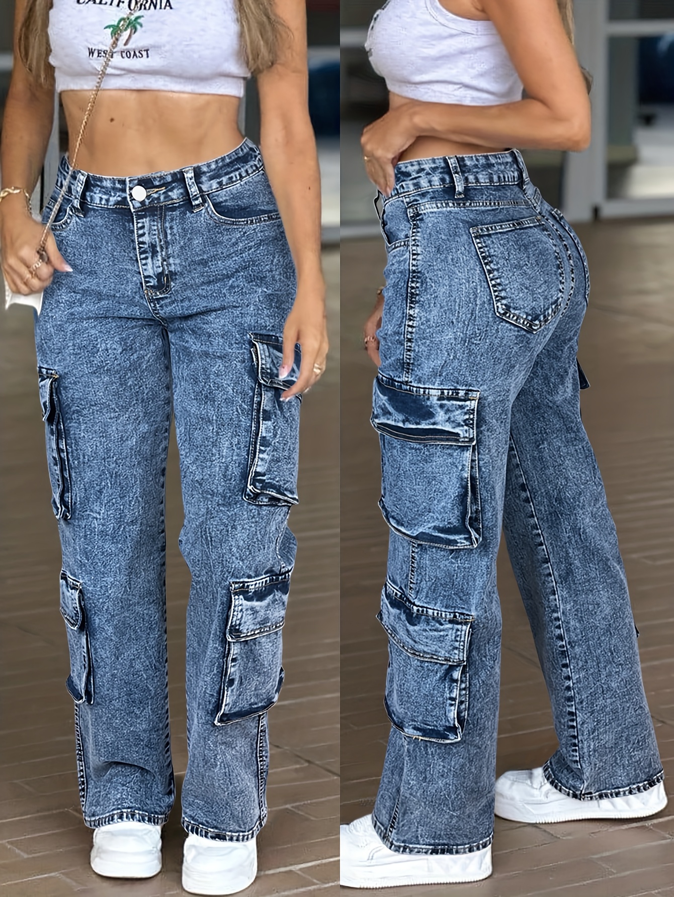 25aw womens casual high waisted cargo pants with multiple pockets stretchy loose fit   waist gray jeans ideal for everyday wear comfortable clothing   pants medium stretch fabric