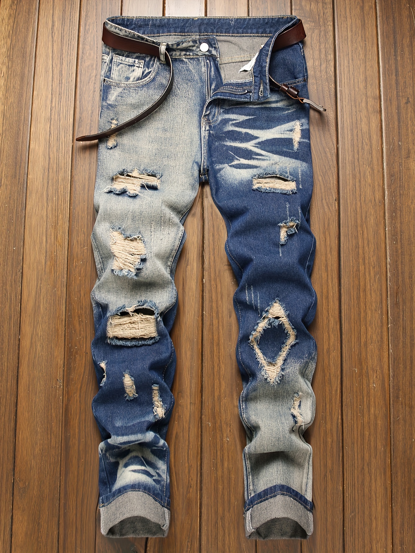 Chic Ripped Straight Leg Jeans, Men's Casual Street Style Distressed Denim  Pants