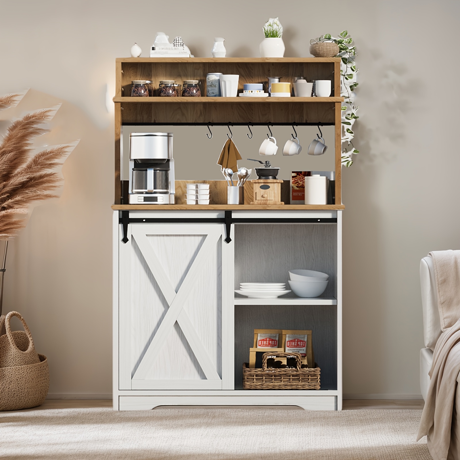 Farmhouse Coffee Bar With 3-tier Storage Hutch - 56" Table, Adjustable Shelves & 6 Hooks For Living Room, Farmhouse Style