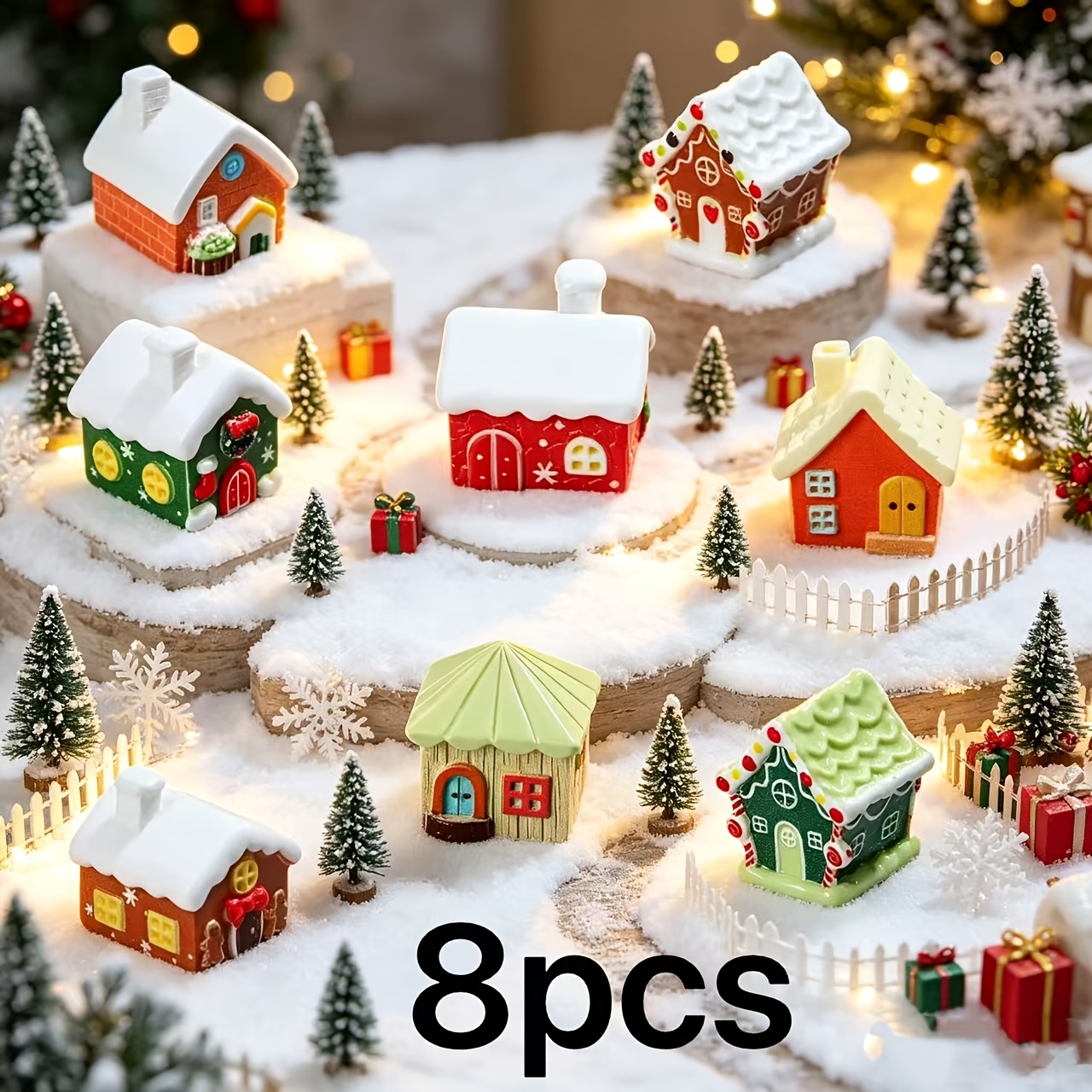 TEMU 8pcs Miniature Christmas House Model Ornaments, Micro Landscape Scenery Materials, Moss Planter Decoration, Desktop Holiday Decor, Suitable For