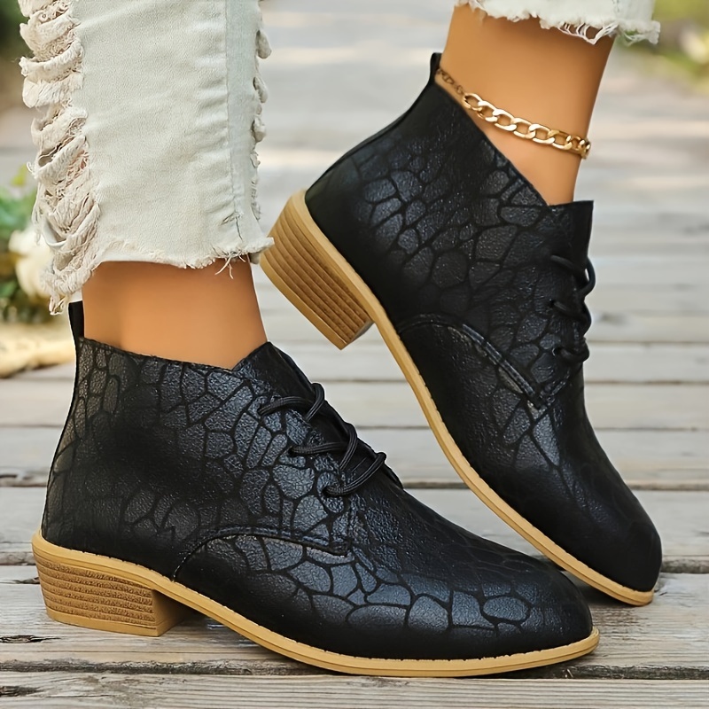 

Women's Casual Ankle Booties With Lace-up Closure - Solid Boots, Low Platform Heel, Plain Toe Design, Comfortable Synthetic Upper & With - Fall Footwear