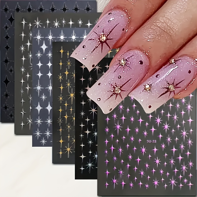 

Geometric Star Nail Stickers Decals - 3d Self-adhesive Polypropylene Nail Art With Glitter, Space Theme Star Shapes, Shimmery Finish, Single Use - Embellish Your Nails With Sparkly Four-pointed Stars