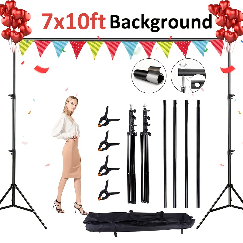 TEMU Kit de support de toile de fond photo 2,1 cm x 3 m/7 pi x 10 pi, système de support de fond de studio de photographie avec 4 pinces, mallette de