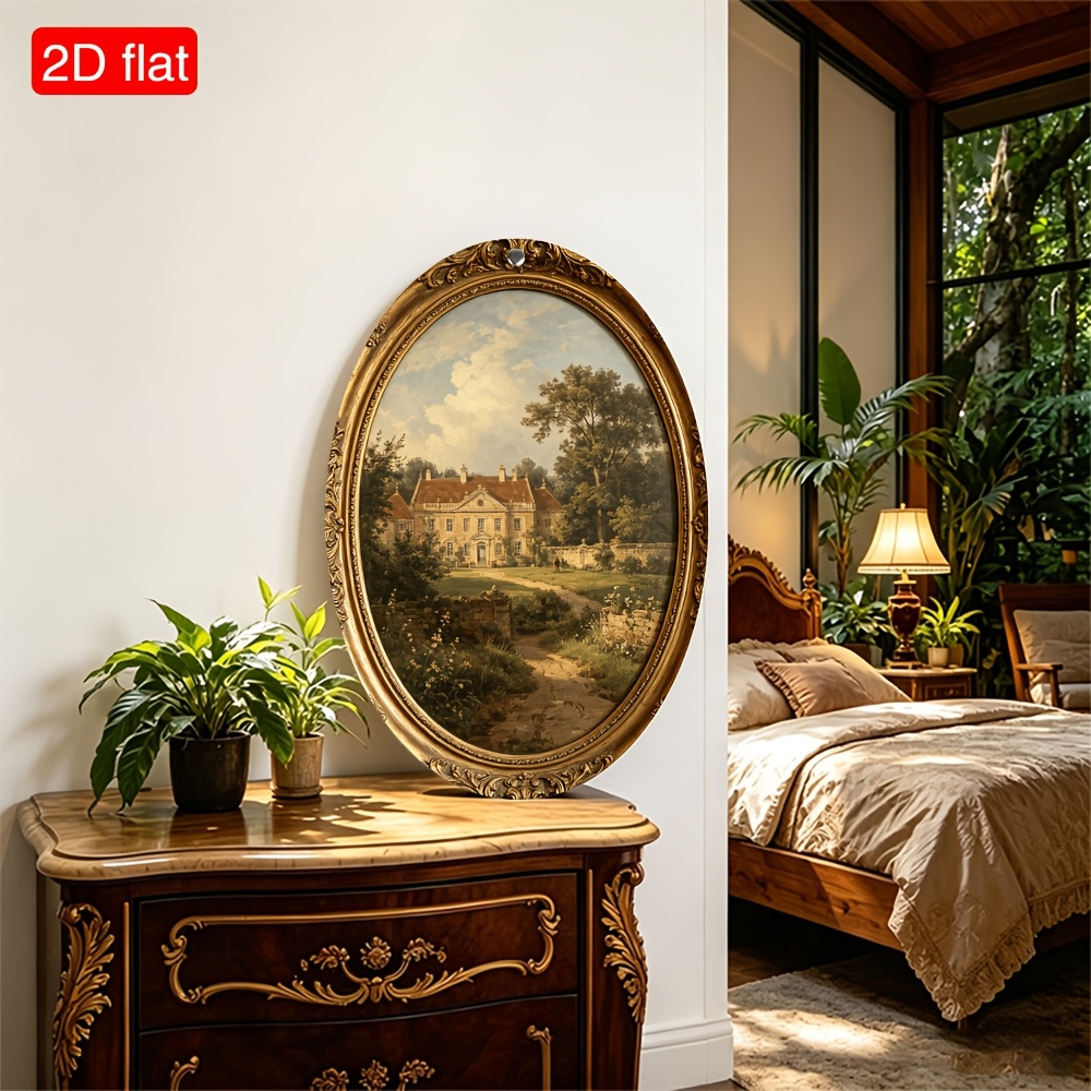 TEMU Plat 2D, 1 pièce Peinture à l'huile sur toile murale Paysage de vintage européen - Ovale, convient pour la décoration de , du bureau, du café,