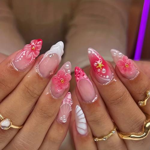 24pcs medium sized almond nails pink 3d nail design patch detachable nails