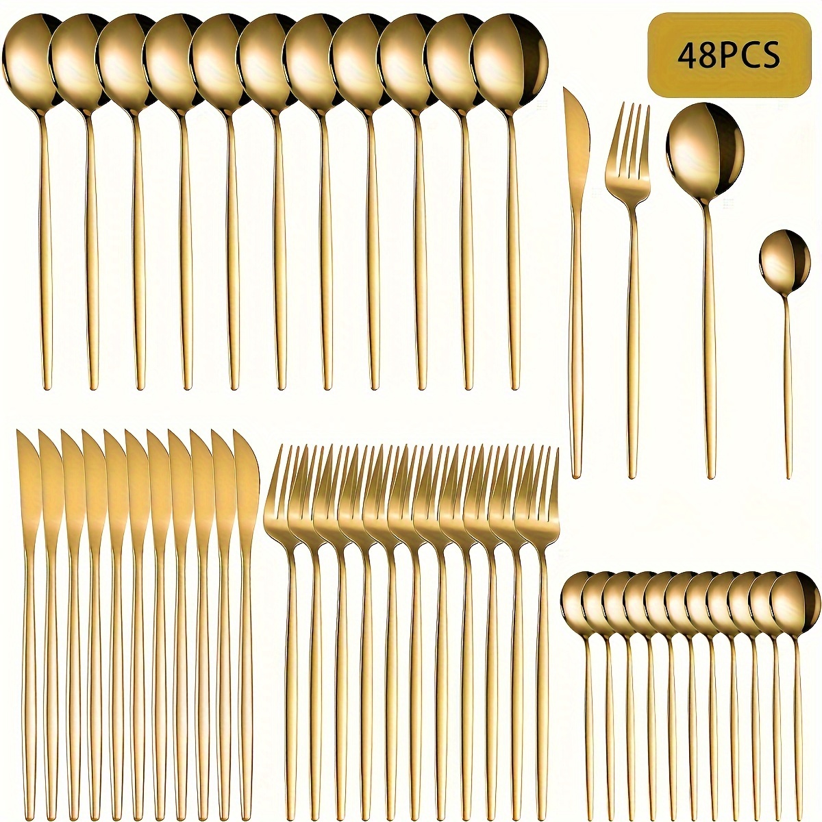 

48pcs Gold Stainless Steel Tableware Set 12pcs, Polished , Elegant Tableware, Suitable For Home Kitchens, Parties, Christmas, Cutlery, Dishwasher Safe - Gold Tableware, Including Forks, Spoons, Knives