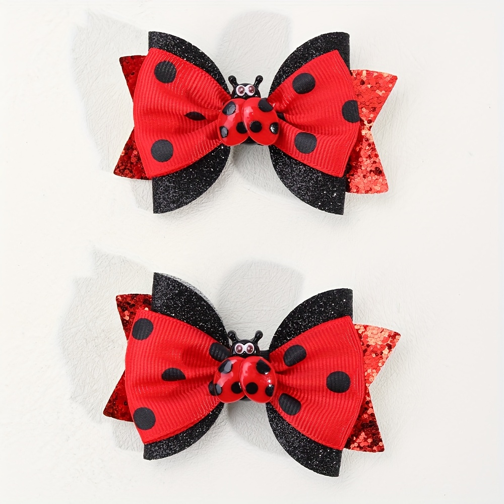 2pcs Bug Design Bow Hair Clips Glitter Polyester Barrettes For Daily Use Adorable Hair Accessories Perfect For & Commuting
