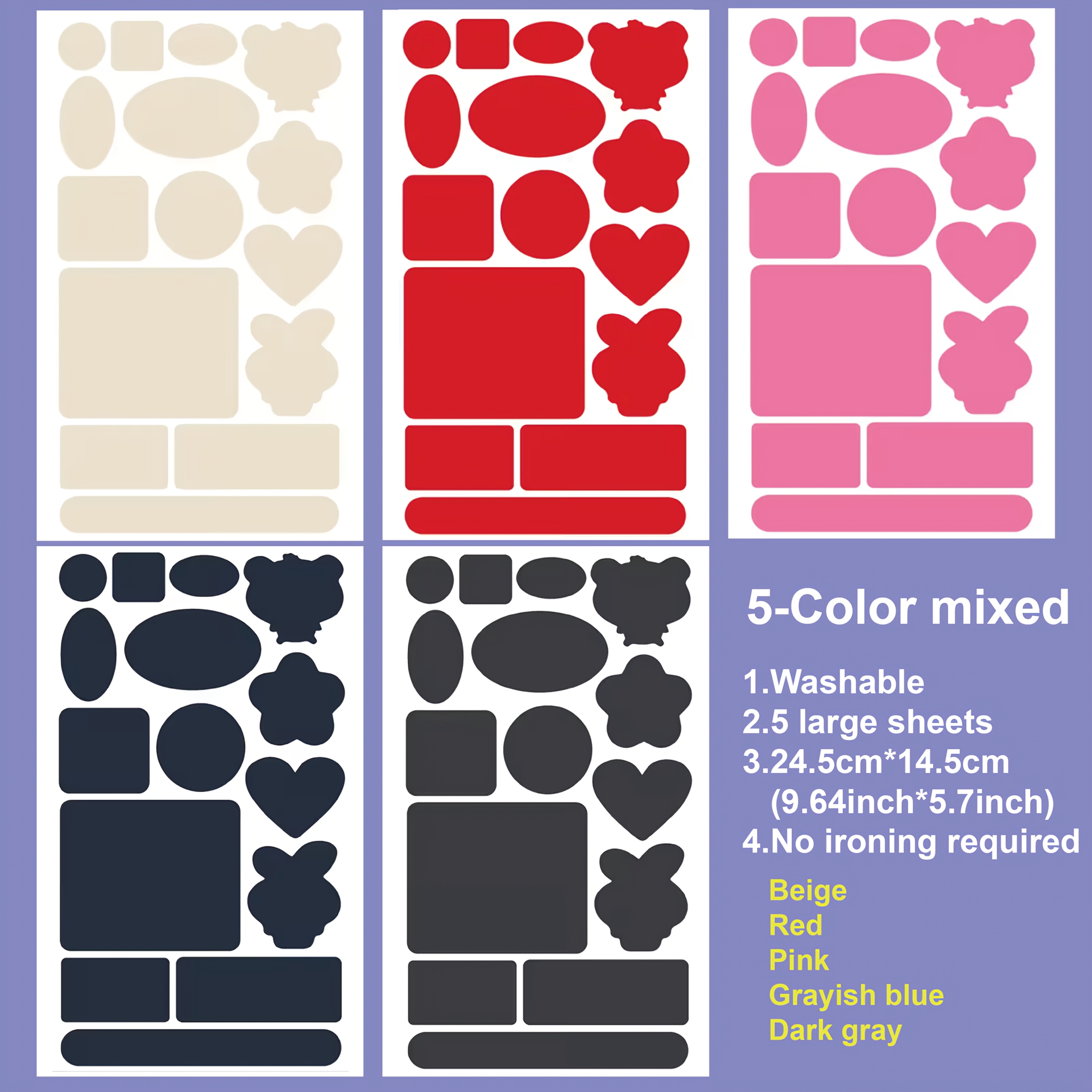 TEMU 5-pack (75 Designs) Self-adhesive Patch Stickers For Clothing Repair – No Ironing Needed, Washable, Includes Heart & Flower Shapes, For Jackets,