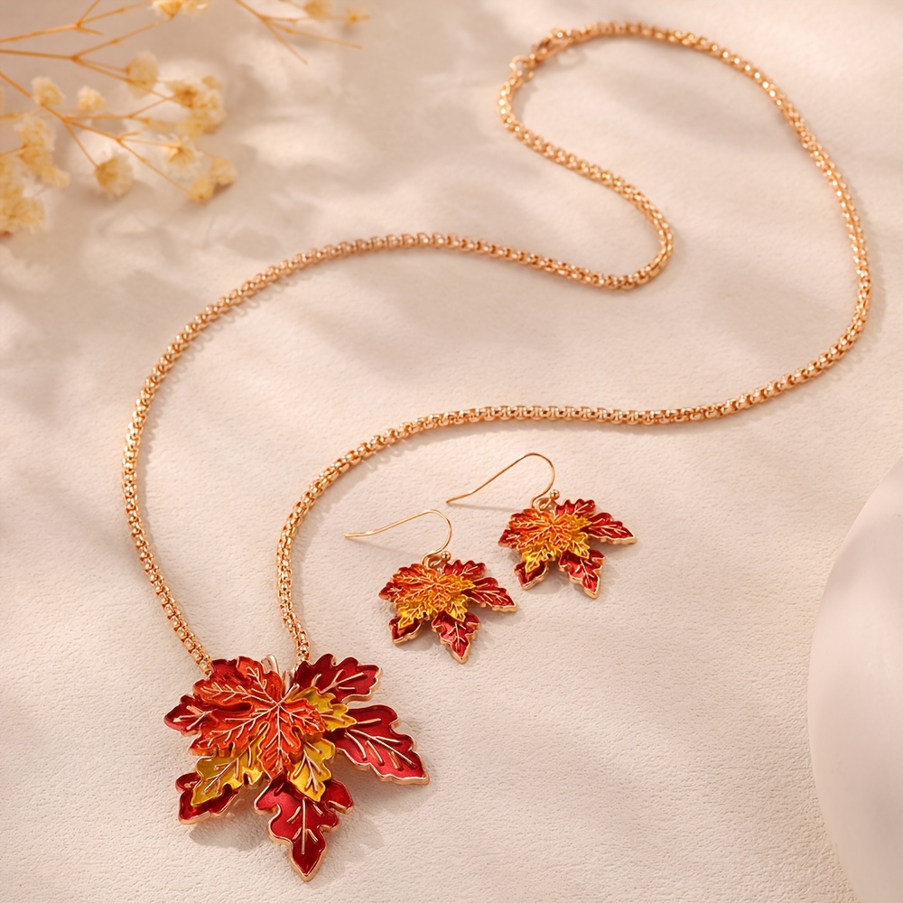 TEMU Juego de 3 piezas de collar de esmalte con hoja de vintage para mujer, juego de collar con colgante de moda y aretes, juego de joyería de cadena