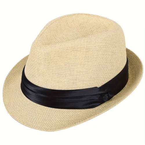 elegant beige straw fedora hat with black ribbon band breathable woven summer sun hat for beach prom occasions casual headwear elegant fedora breathable straw material beach hat
