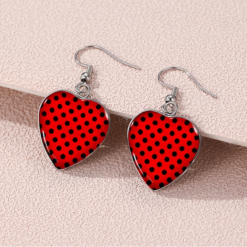 TEMU 1 Pair Red Black Polka Dot Dangle Earrings Heart-shaped Earrings