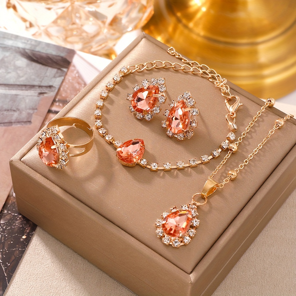 

5pcs/set Luxury Elegant Jewelry Set With Rhinestone Pendant, Necklace, Earrings, Ring, And Bracelet For Women, Ideal For Daily Wear & Parties, Exquisite Gift For Women