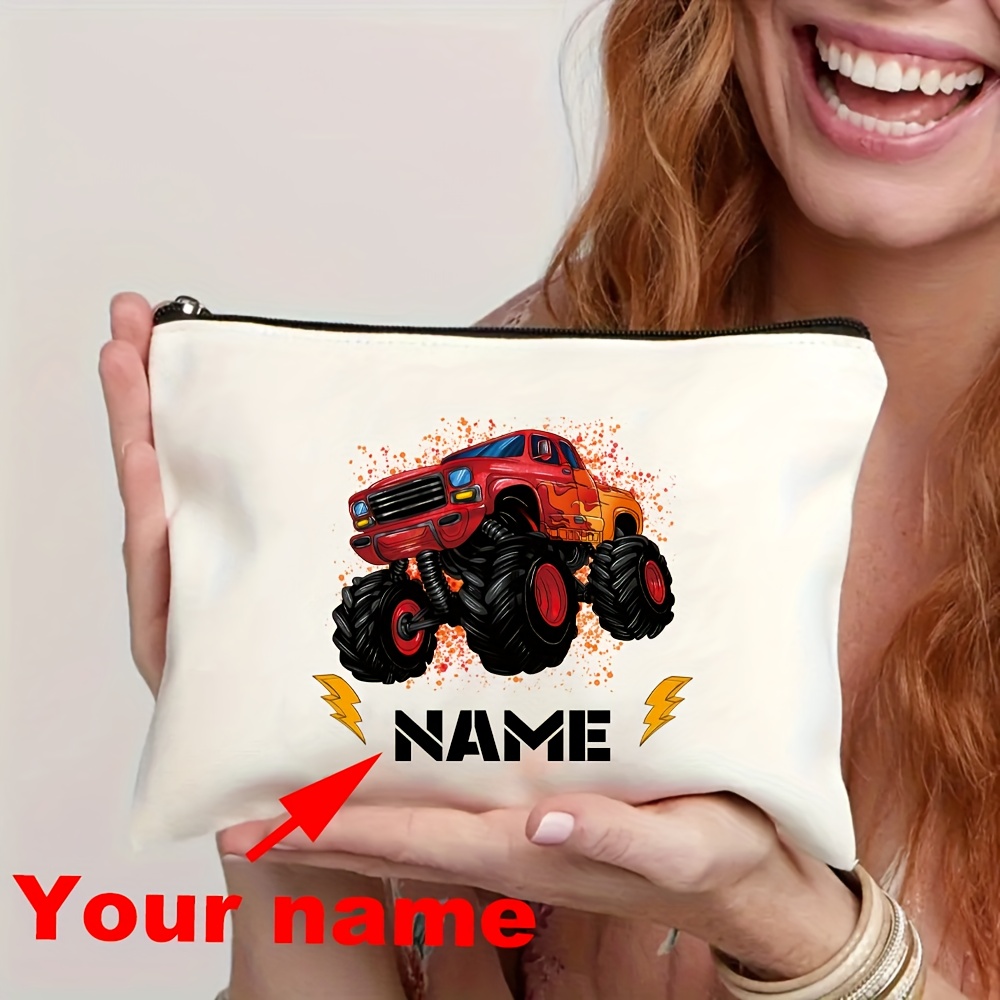 TEMU Bolsa con cremallera beige de camión monstruo con llama y /texto personalizable - Gran capacidad, plegable, para viajes, gimnasio, trayectos
