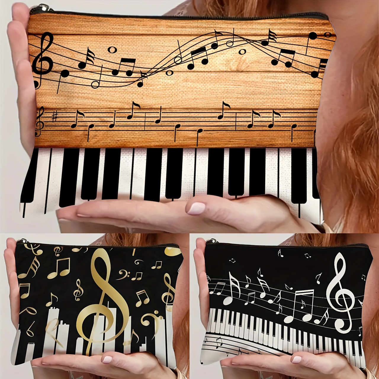 

Chic Key Makeup Bag - Lightweight, Non-waterproof Polyester With Zipper For Women & Girls - Perfect Gift For Teachers & Music Lovers, Note Pattern, Travel, Storage Bag