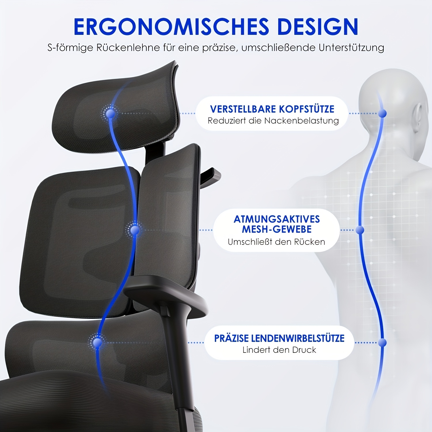 Image of Gronfont Ergonomic Office Chair, Ergonomic Desk Chair With Flip-up Armrests, Adjustable Lumbar Support, Chair, Height-adjustable Executive Chair Rocking Function Up To 160°, Office Chair 150kg, Black