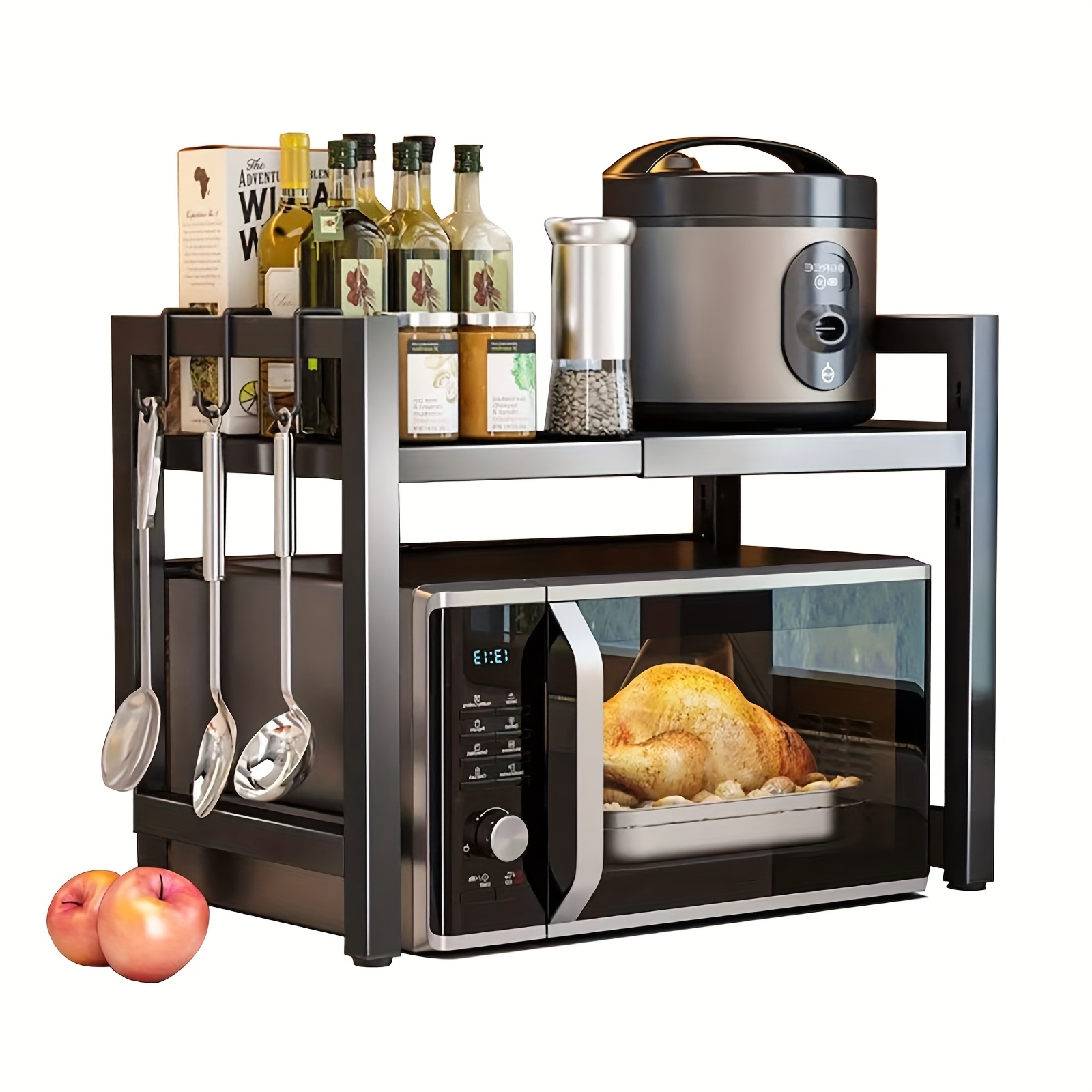 TEMU Adjustable Microwave Rack, 2-level Expandable Kitchen Microwave Rack, Carbon Steel Microwave Rack, 6-hook Kitchen Storage Organizer, Cutting