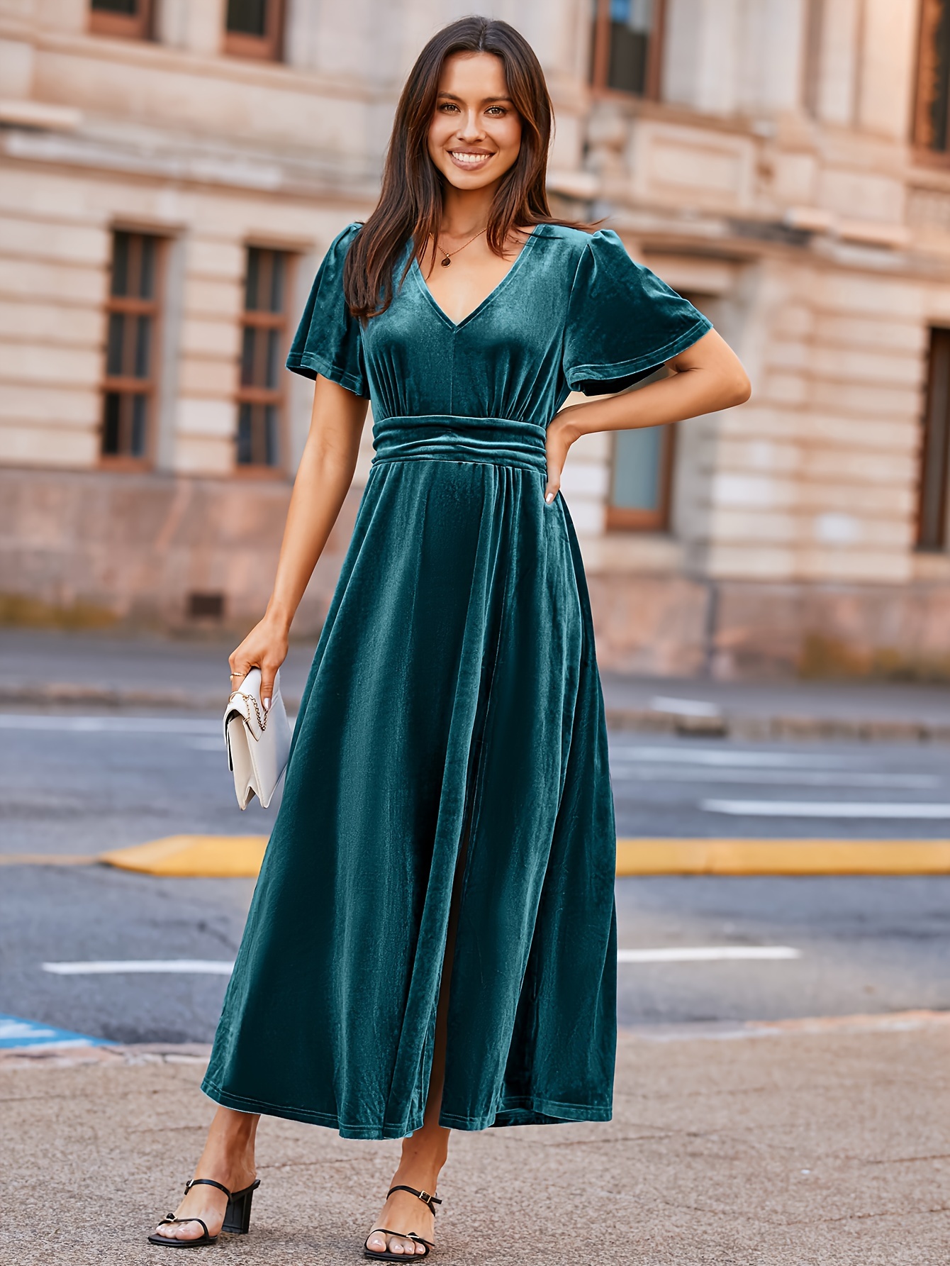 womens velvet maxi dress v neck short sleeve empire waist - Temu