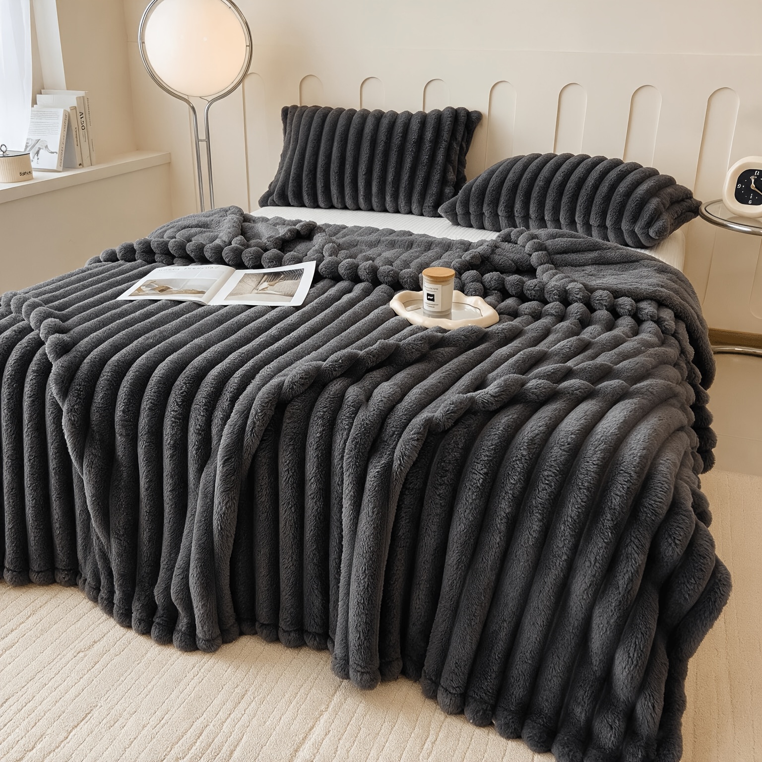 TEMU 78in*90in Thick Fleece Blanket | , 3d Faux Rabbit Fur, Double-sided Plush, Comfortable And Warm, Machine Washable And Reusable, Double-sided,
