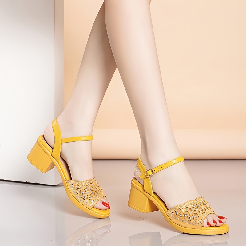womens chunky heel sandals summer fish mouth shoes versatile fashion   womens shoes elegant yellow mesh high heel sandals women shoes details 1