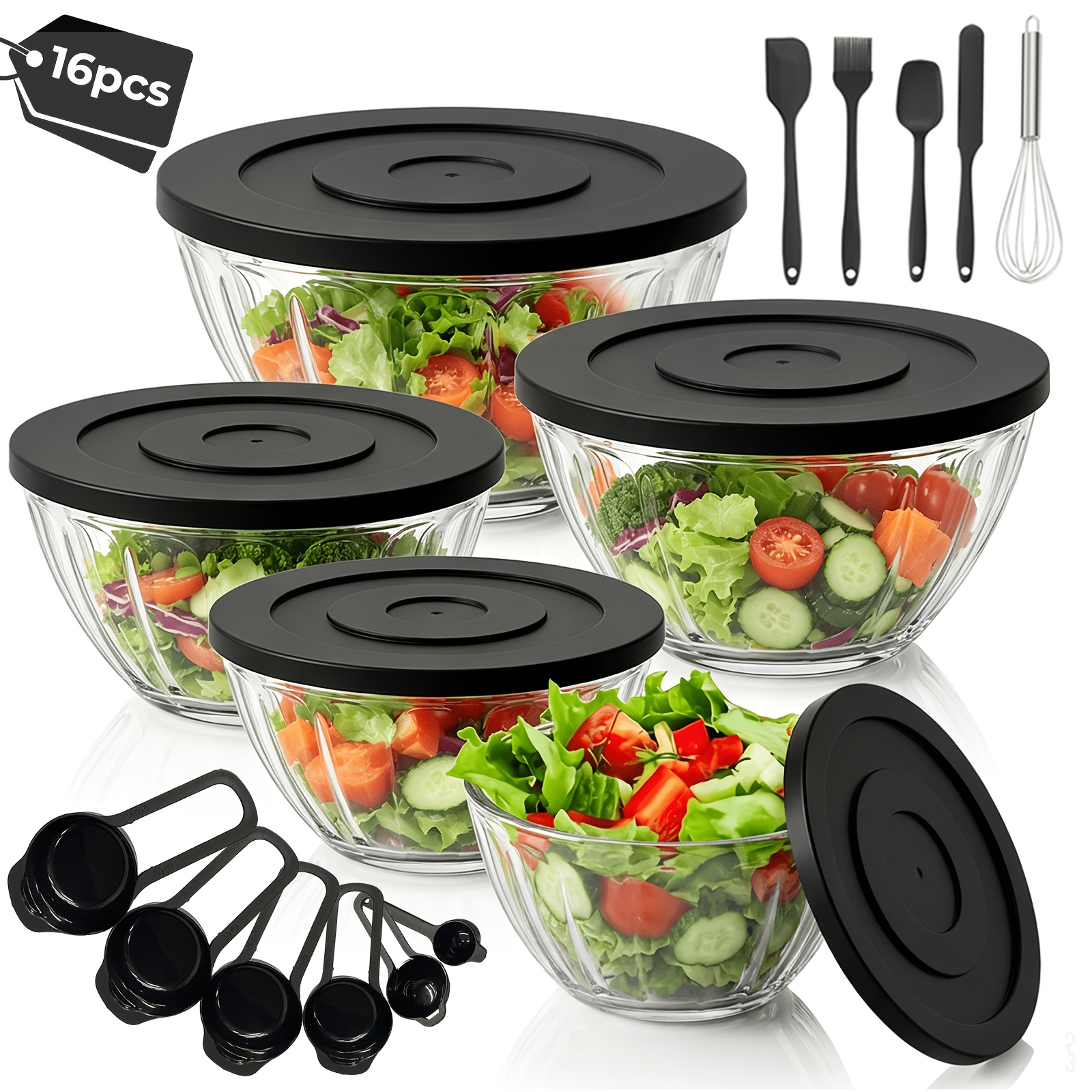 16pcs Mixing Bowls With Lids For Baking And Whisking, Ideal For Salad Prep, Beating Eggs, And Kitchen Use, Includes 5 Salad Bowls And 11 Kitchen Tools, Baking Utensils, Multipurpose Tableware Set