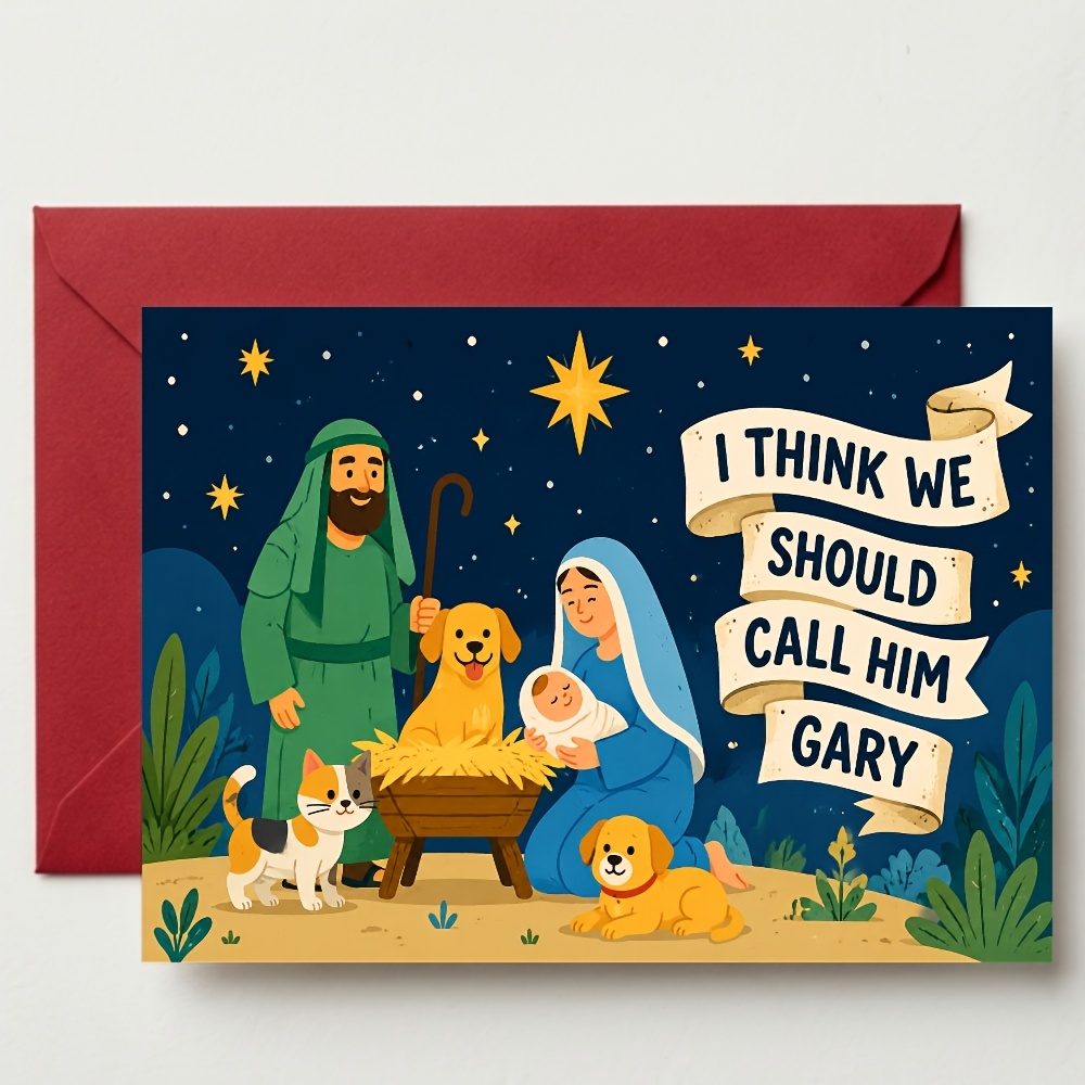 TEMU 1pc Greeting Card And 1pc Envelope. 2d Flat Fun Christmas Nativity Card, Humorous Religious Holiday Design - Gift For Wife, Husband, Friend -