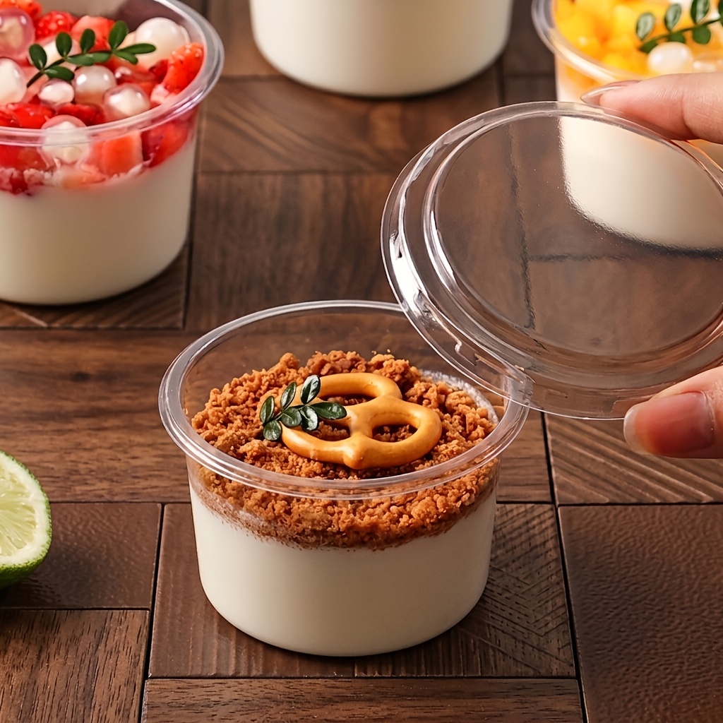 TEMU Vasitos transparentes para pastel de 70 PET con tapas, 35 cajas + 35 tapas, contenedores apilables para hornear y almacenar postres para yogur,