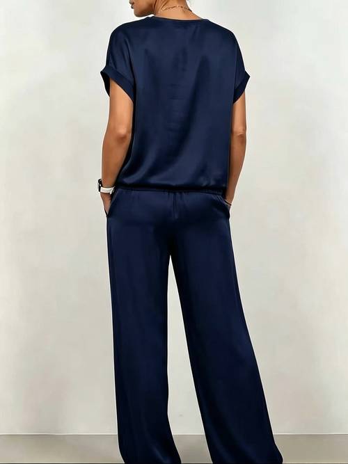 satin solid color loose v neck short sleeve and flowy elastic waist wide leg pants casual two piece