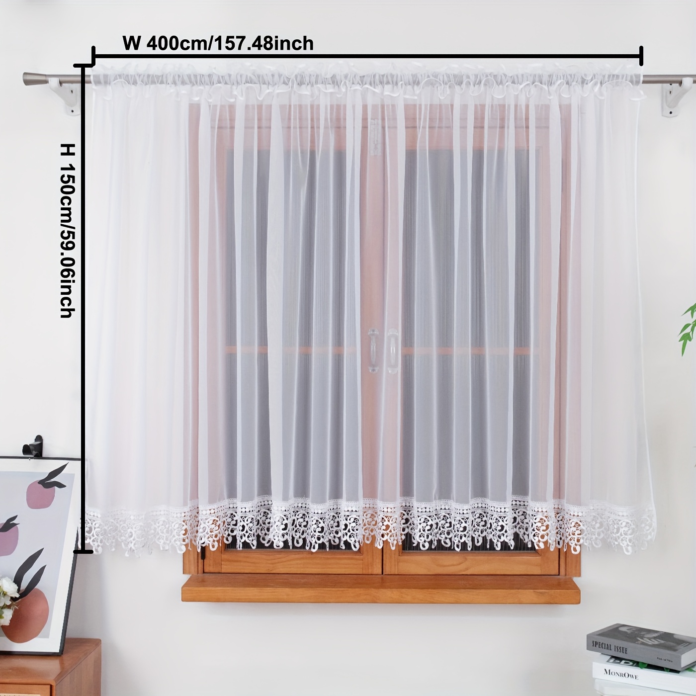TEMU 1pc Elegant Sheer Window Curtain With Lace Trim, Lightweight Privacy Overlay For Living Room And Bedroom, Beautifully Draped Design, , And Care,