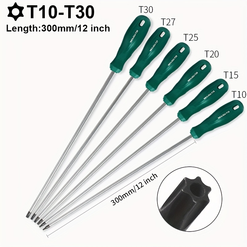 TEMU Weiligu 6pcs Hex Torx Bit Set With Center Hole, T10-t30, 12-inch Shank Length, Extended Torx Screwdriver Bit Set, Deep Hole Screw Removal And