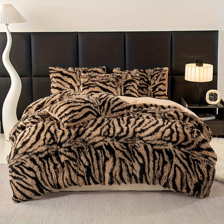 3pcs High-quality Zebra Print Long Plush Duvet Cover Bedding Three-piece Set (does Not Duvet Insert Or Pillows)